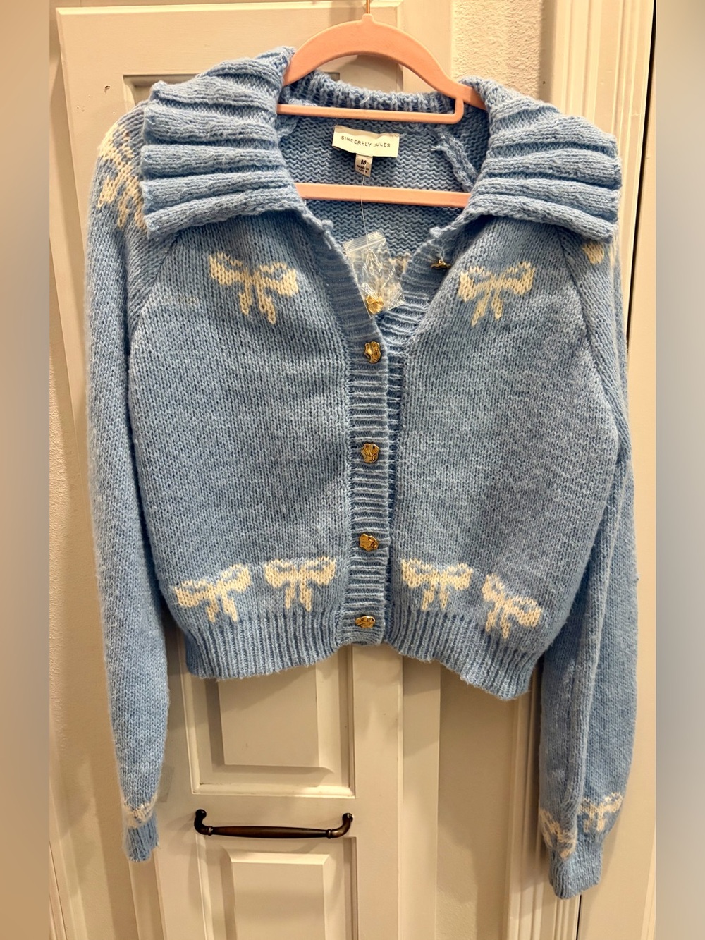SINCERELY JULES Baby Blue Knit Cardigan with Cream Bows Embroidered Throughout🩵